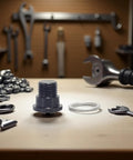 Steel black rear derailleur screw kit with wrenches and washers on a workbench, tools in background. Compatible with MTB models.