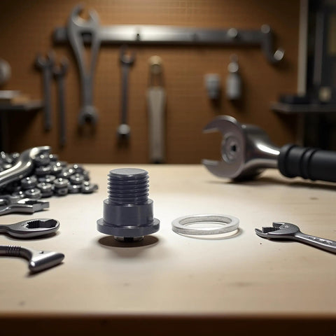 Steel black rear derailleur screw kit with wrenches and washers on a workbench, tools in background. Compatible with MTB models.