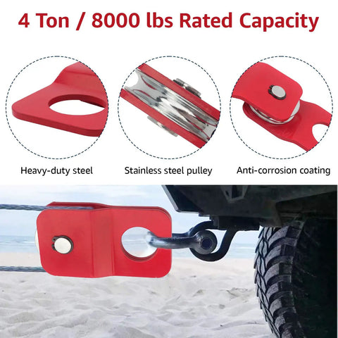 8000 Lb Winch Snatch Block Pulley For Off Road Vehicles Beefy Heavy Duty Steel Recovery Pulley 54 mm Wheel Fits 316 To 14 Inch Winch Cable Red ATV UTV Truck on truck winch cable