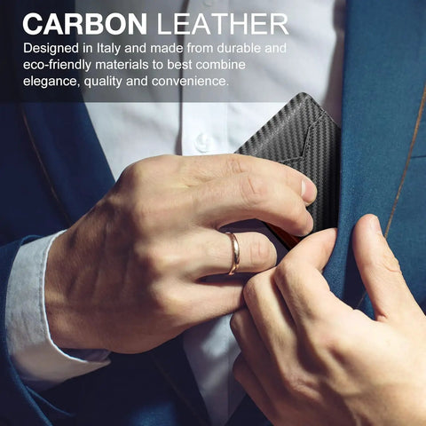 Man placing Slim RFID Blocking Leather Wallet For Men Front Pocket Card Holder With Carbon Fiber Look into suit pocket.