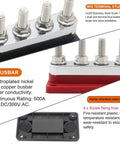 Heavy Duty 600 Amp Copper Bus Bar Power Distribution Block Featuring Nickel Plated 3/8 Terminals Protective Snap Cover Positive Negative Wiring Hub, showing terminals and red base.