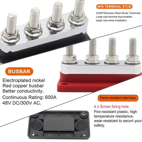 Heavy Duty 600 Amp Copper Bus Bar Power Distribution Block Featuring Nickel Plated 3/8 Terminals Protective Snap Cover Positive Negative Wiring Hub, showing terminals and red base.