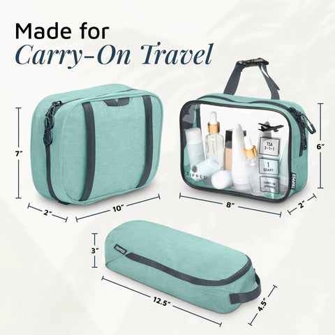 All In One Travel Toiletry Kit Three Piece Set with Hanging Toiletry Bag TSA 311 Liquid Bag Accessory Organizer in Dusty Teal
