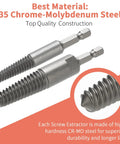 Close-up of chrome-molybdenum steel screw extractors from Left-Hand Drill Bit And Screw Extractor Set 25-Piece For Stripped And Damaged Bolts And Screws Easy Out Bolt Remover Kit Cobalt HSS Steel Bits Reversing Twist Drill Kit For Auto Garage Workshop