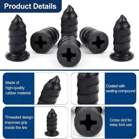 70 Piece Tire Repair Kit With Dual Size Rubber Nails, showing black rubber nails with cross slots and threaded design for airtight seal.