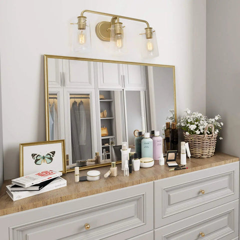 Gold Vanity Light With Seeded Glass Three Light Bathroom Fixture Modern Design for Damp or Dry Locations over bathroom mirror