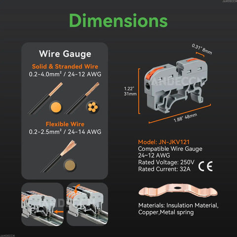 Dimensions and specifications of No Sweat Universal DIN Rail Terminal Blocks Kit with wire gauge details and model JN-JKV121.