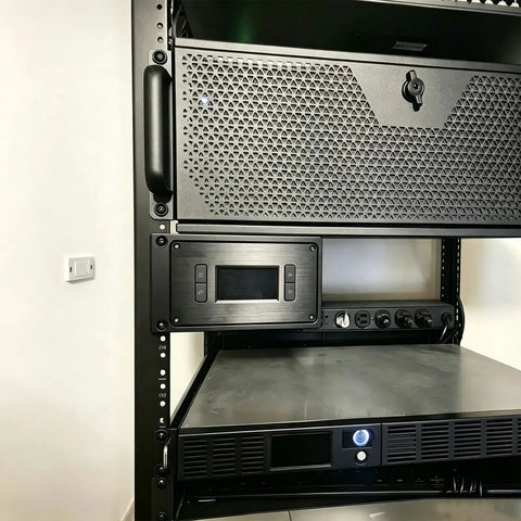 19 Inch Rack Mount Bracket For Climate Controllers Server Cabinet Equipment Stand Heavy Duty Layout Tray mounted in a server cabinet.