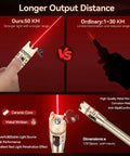 Front view of Rainleoti visual fault locator pen with red laser, gold metal body, 50 km range, 2.5 mm universal connector