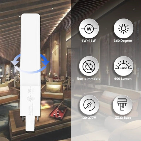 Ultra Slim 6W LED Bulbs For GX23 2-Pin CFL Replacements 5000K Cool White 360 Degree Beam Plug And Play 120-277V UL Listed