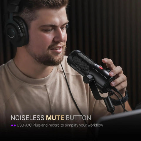 Man using Dope Pro Grade USB XLR Podcast Microphone For Streaming And Recording with mute button and headphone monitoring.