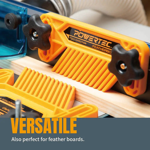 Top Shelf T Track Knob Kit With Tough Five Star Handles And 1/4 20 Thread Hex Bolts Plus Flat Washers 12 Piece Set in use with featherboard.