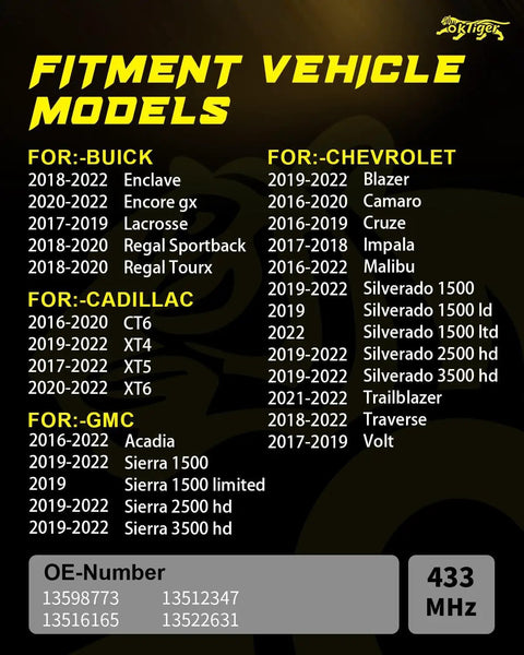 Pre Programmed 433MHz TPMS Sensor for Chevy and GMC Rides Direct Fit Fits Malibu Camaro Cruze Impala Traverse Silverado 1500 2500 3500 Blazer Trailblazer Volt Acadia Sierra 1500 OE 13598773 fitment chart
