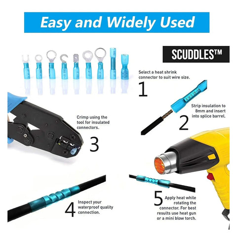 Massive 540 Piece Ring Heat Shrink Crimp Terminals Kit Features Insulated Butt Wire, Male Female Spade Terminal Connectors For Solid Electrical Cable Repairs And Professional Wiring Jobs Right Now. Heat shrink connector kit with crimping tool, wire and heat gun steps