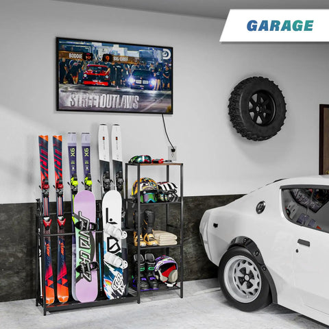 Freestanding Ski And Snowboard Rack Keeps Your Gnarly Shred Gear Totally Organized Holds skis, boards, and helmets in a garage setting.