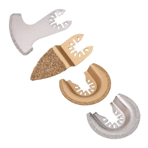 Four Pack Semi Circle Finger Segment Oscillating Saw Blades For Grout, Ceramics, And Masonry, Grit Blades shown at different angles