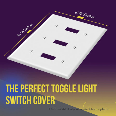 Triple Light Switch Wall Plate 3 Gang Gloss White Tough As Nails Polycarbonate Thermoplastic Unbreakable Build 4.50 Inch By 6.38 Inch Heat And Fade Resistant UL94 V2 Rated