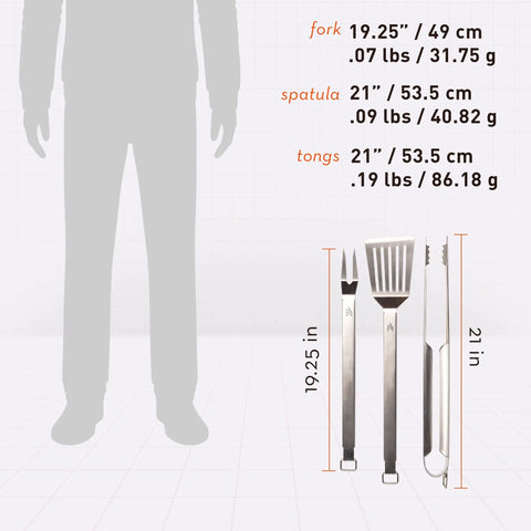 Heavy Duty Grill Tools Set With 304 Stainless Steel Spatula, Tongs, And Meat Fork, dimensions and weights displayed.