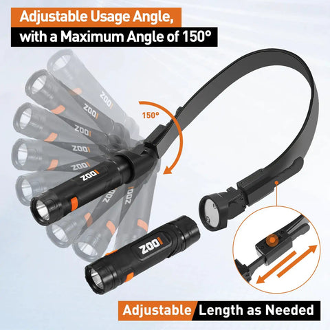 Rechargeable Neck Light With Magnetic Detachable Design showing 150 Degree Adjustable Angle for hands-free use