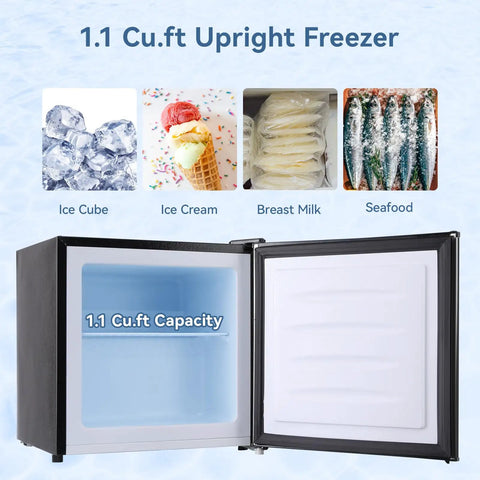 1.1 Cu Ft Upright Mini Freezer In Matte Black For Dorms And Small Bedrooms showing ice cubes, ice cream, milk, and seafood inside.