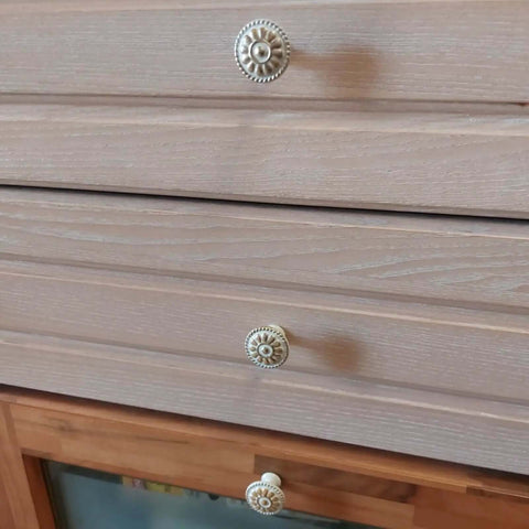 Ivory White Zinc Alloy Cabinet Knobs Set, 10 Pack 30mm Single Hole Drawer Pull Handles on dresser