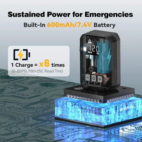 Mini Electric Bike Pump With Gauge And Auto Stop showing battery capacity and recharge capability on digital display