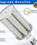 Two Pack 150W LED Corn Light Bulbs Ultra Bright 18000 Lumens For Garage Warehouse Workshop Barn E26 Base With E39 Adapter 5000K Daylight White Energy Saving Flood Light Bulbs showing aluminum plates and bright LED chips