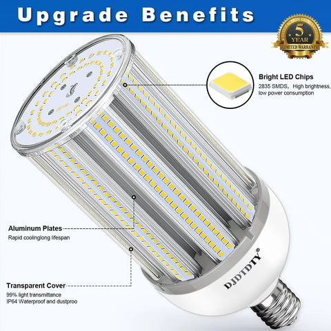 Two Pack 150W LED Corn Light Bulbs Ultra Bright 18000 Lumens For Garage Warehouse Workshop Barn E26 Base With E39 Adapter 5000K Daylight White Energy Saving Flood Light Bulbs showing aluminum plates and bright LED chips