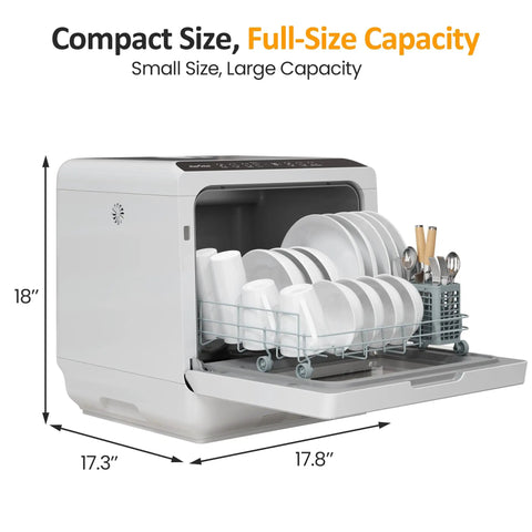 Top Tier Portable Countertop Dishwasher For Apartments And Dorms Featuring Plug And Play Setup Quick Wash Cycles Sleek footprint showing dishes inside.
