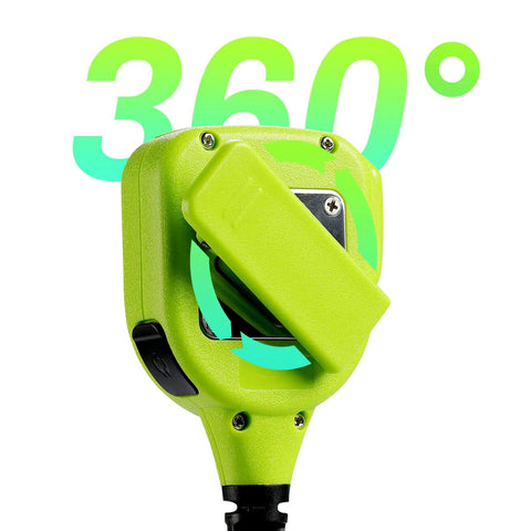 Back view of Waterproof Shoulder Speaker Mic for Two Way Radios with 3.5mm Jack and 2 Pin, showing green body and 360-degree rotation.