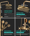 Antique Brass 8 Inch Rain Shower System With Handheld Spray And Dual Knob Mixing Valve Dope Brass Fixtures All In One Shower Faucet Set For Luxury Bathrooms Easy Install, showcasing solid brass mixer and shower head angle.