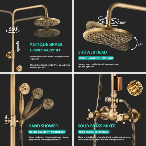 Antique Brass 8 Inch Rain Shower System With Handheld Spray And Dual Knob Mixing Valve Dope Brass Fixtures All In One Shower Faucet Set For Luxury Bathrooms Easy Install, showcasing solid brass mixer and shower head angle.