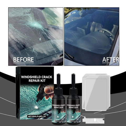 Premium Windshield Crack Repair Kit For Quick Glass Fix, DIY Friendly Chips And Cracks Repair With High Transparency Resin Liquid, Works On Windshields, Windows, Mirrors, All Crack Types, 2 Pack, shown with before and after repair results.