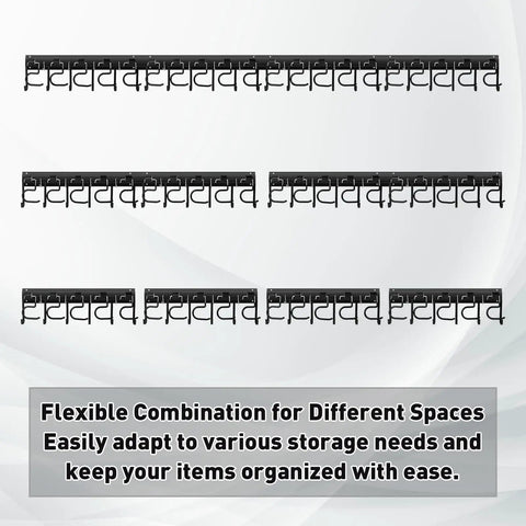 Heavy Duty Metal Garage Tool Organizer Wall Mount Kit Four Pack with Extension Cord Straps on display with mixed hooks.