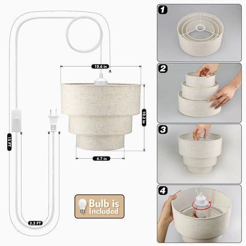 Assembly of Plug In Pendant Light With Beige Linen 3-Tier Drum Shade, 15 Feet Hanging Lamp, bulb included, step-by-step visuals