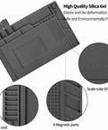 Magnetic Repair Work Mat For Soldering And Electronics Premium Silicone Soldering Mat showcasing compartments, ruler, and magnets.