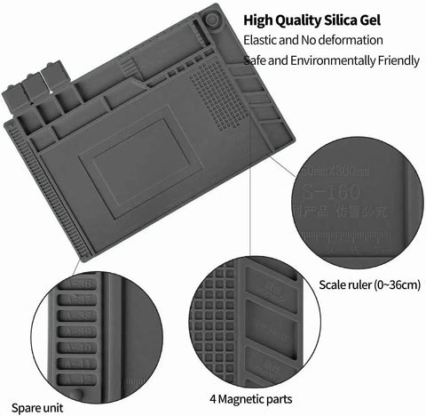 Magnetic Repair Work Mat For Soldering And Electronics Premium Silicone Soldering Mat showcasing compartments, ruler, and magnets.