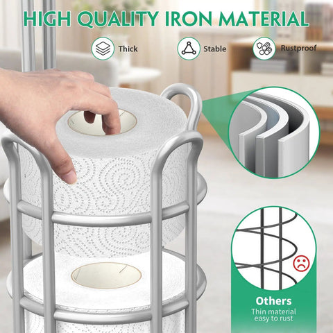 Person using Freestanding Toilet Paper Holder With Storage Shelf; showing rolled tissue inside durable rust resistant steel frame