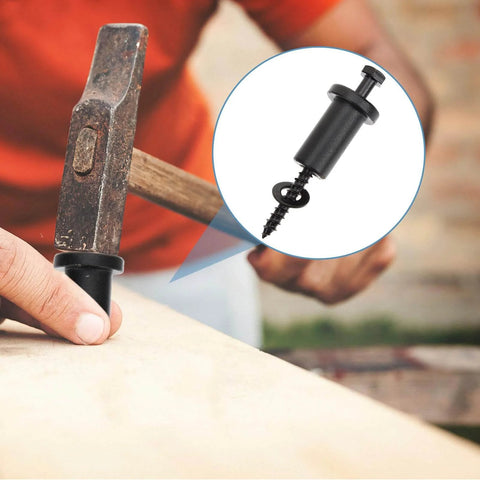 4 Sets Sliding Barn Door Hardware Track Spacers With Lag Bolts And Wall Anchors, hand installing with hammer, close-up