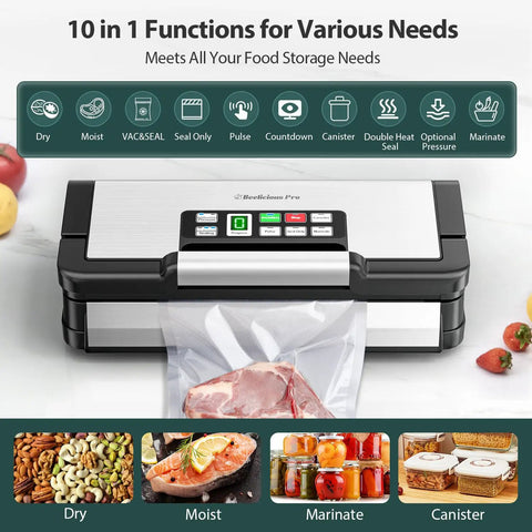 95kPa Vacuum Sealer With AquaLock Technology sealing meat with dual-pump automatic system and 10-in-1 modes, stainless steel finish