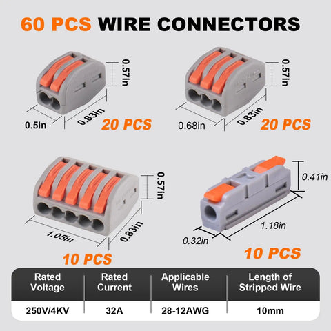 Lever Wire Connectors Kit 60Pcs Quick Splice Push In Connectors For 2 3 5 Conductor Wiring Inline 1 In 1 Out Terminals 28 12 AWG