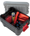 Heavy Duty 48 Gallon Plastic Storage Bin With Two 8 Gallon Nested Lockable Boxes And Secure Fitting Lids showing tools and gear stored inside.