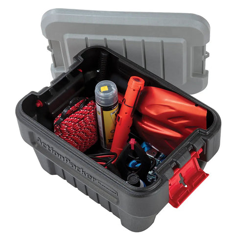 Heavy Duty 48 Gallon Plastic Storage Bin With Two 8 Gallon Nested Lockable Boxes And Secure Fitting Lids showing tools and gear stored inside.