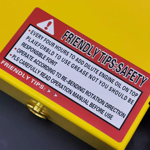 Instruction label on Hella Heavy Duty Automatic Rebar Bender 220V detailing safety tips and operation guidance.