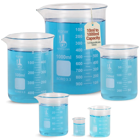 Griffin Low Form 3.3 Borosilicate Glass Beaker Set With Six Sizes From 10 Milliliters To 1000 Milliliters, Type I Class A Lab Beakers