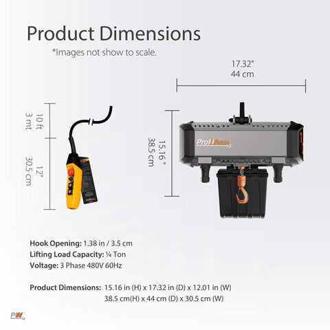 Rock Solid 1000 Lb Electric Chain Hoist Variable Speed dimensions detailed in inches and centimeters with a pendant control.