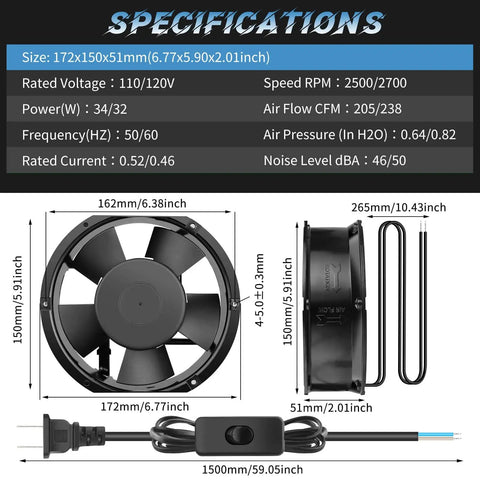 Dope High Speed Axial Muffin Fan 172mm By 152mm By 51mm With Switch 110V 120V front and side view with specifications