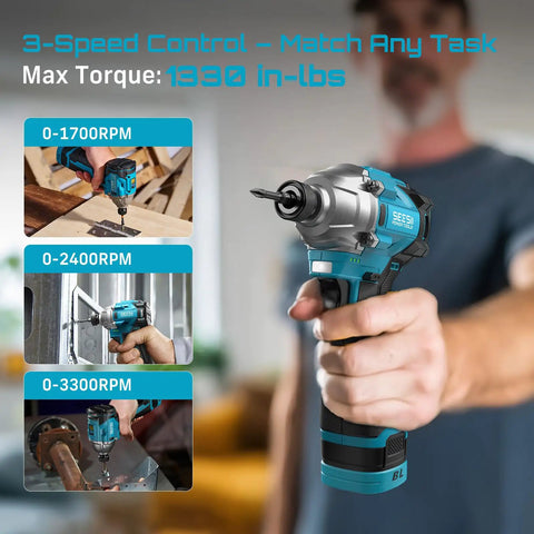 Kick Ass Cordless Drill And Brushless Impact Driver Power Tool Combo Kit For Home Diy Tasks Knocks Out Rusty Lug Fasteners With High Torque Punch And Beast Mode Speeds That Handle Heavy Jobs Smoothly, showcasing 3-speed control and max torque 1330 in-lbs.