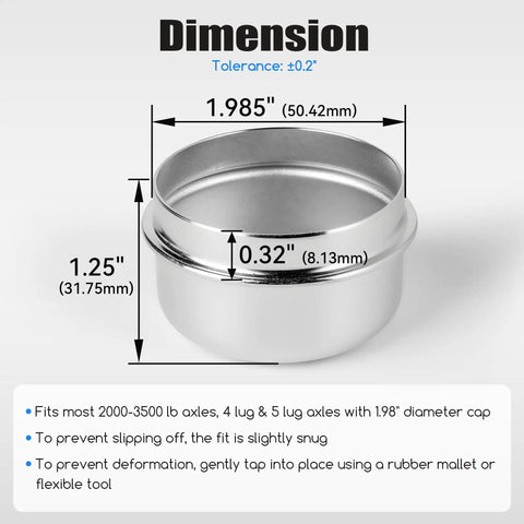 Built To Last 1.98 Inch Trailer Axle Dust Caps Zinc Plated Hub Bearing Dust Cap dimensions diagram with size in inches