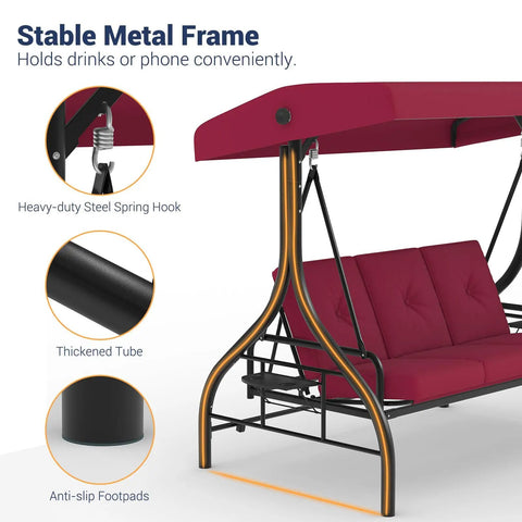 Three Seat Outdoor Porch Swing With Adjustable Canopy And Convertible Bed Stand Thick Cushions And Deep Cup Holders Weather Resistant Steel Frame For Backyard Vibes Garden Or Porch Red with stable metal frame.